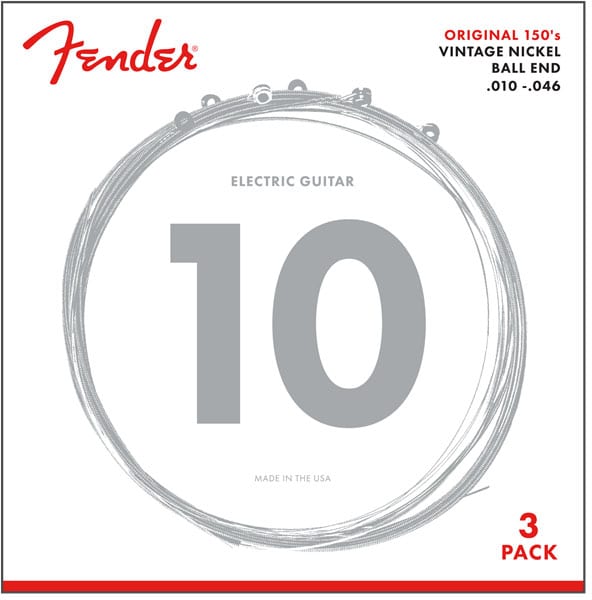 FENDER ORIGINAL 150 GUITAR STRINGS, PURE NICKEL WOUND, BALL END, 150R .010-.046 GAUGES, 3-PACK