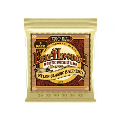 ERNIE BALL CORDES EARTHWOOD 80/20 BRONZE FOLK NYLON À BOULE 28-42 - PACK DE 3