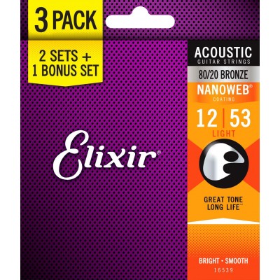 ELIXIR 16539 NANOWEB 80/20 BRONZE LIGHT 12-53 PACK DE 3