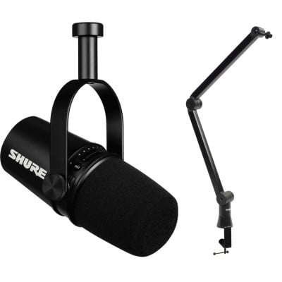 Shure Bundle, Compass Microphone Boom Arm w/ MV7-S Dynamic Microphone  (Silver) and Cable