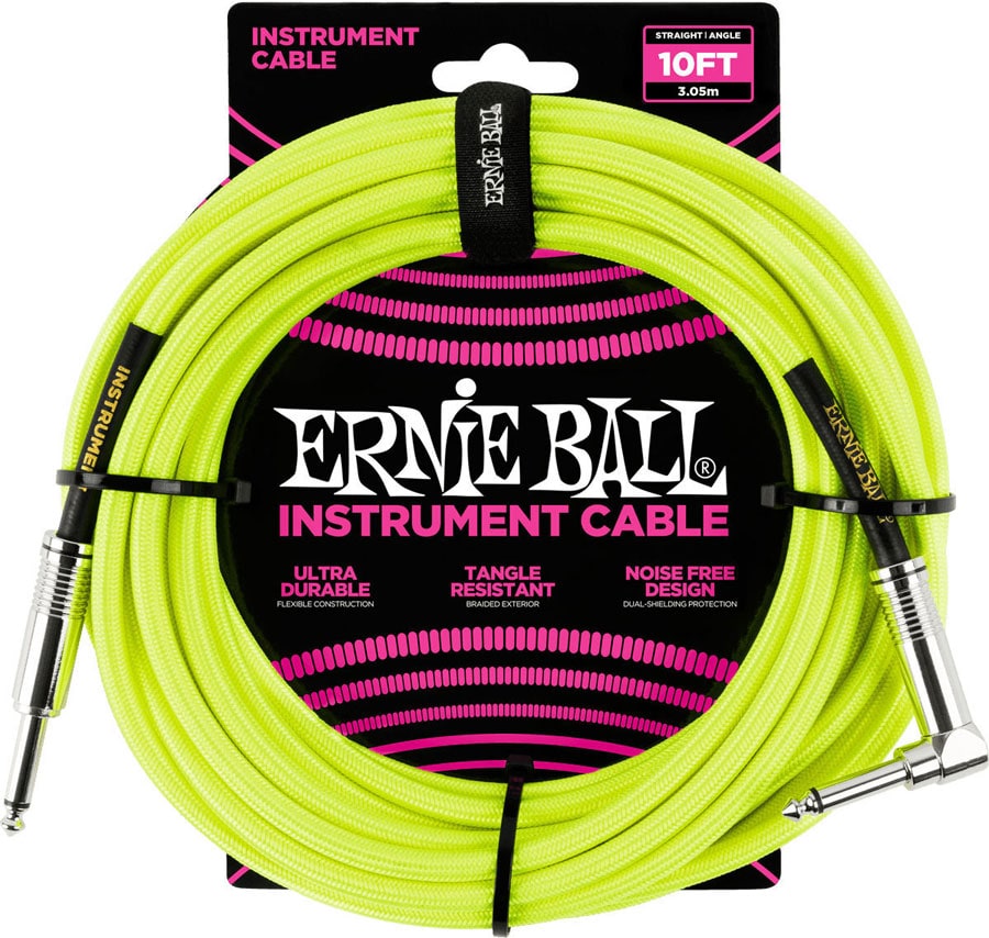 ERNIE BALL CABLES INSTRUMENT GAINE TISSE JACK/JACK COUD 3M JAUNE FLUO