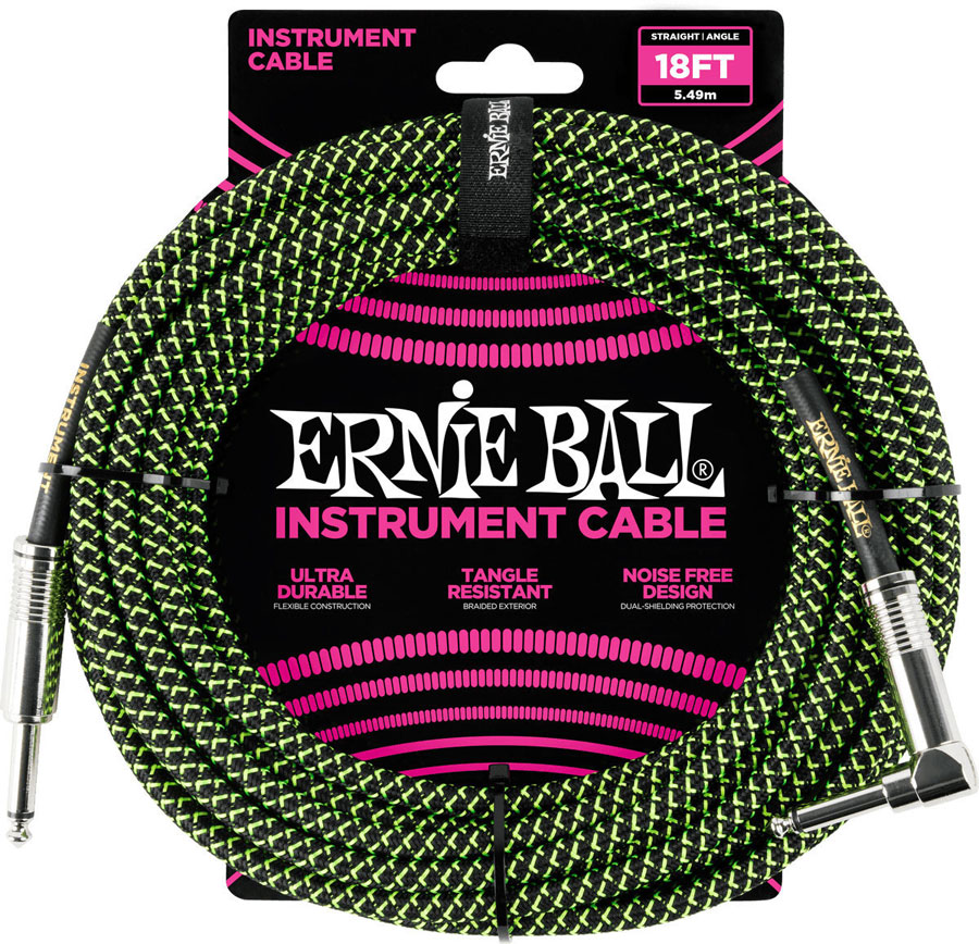 ERNIE BALL CABLE INSTRUMENT GAINE TISSE JACK/JACK COUD 5,5M NOIR/VERT