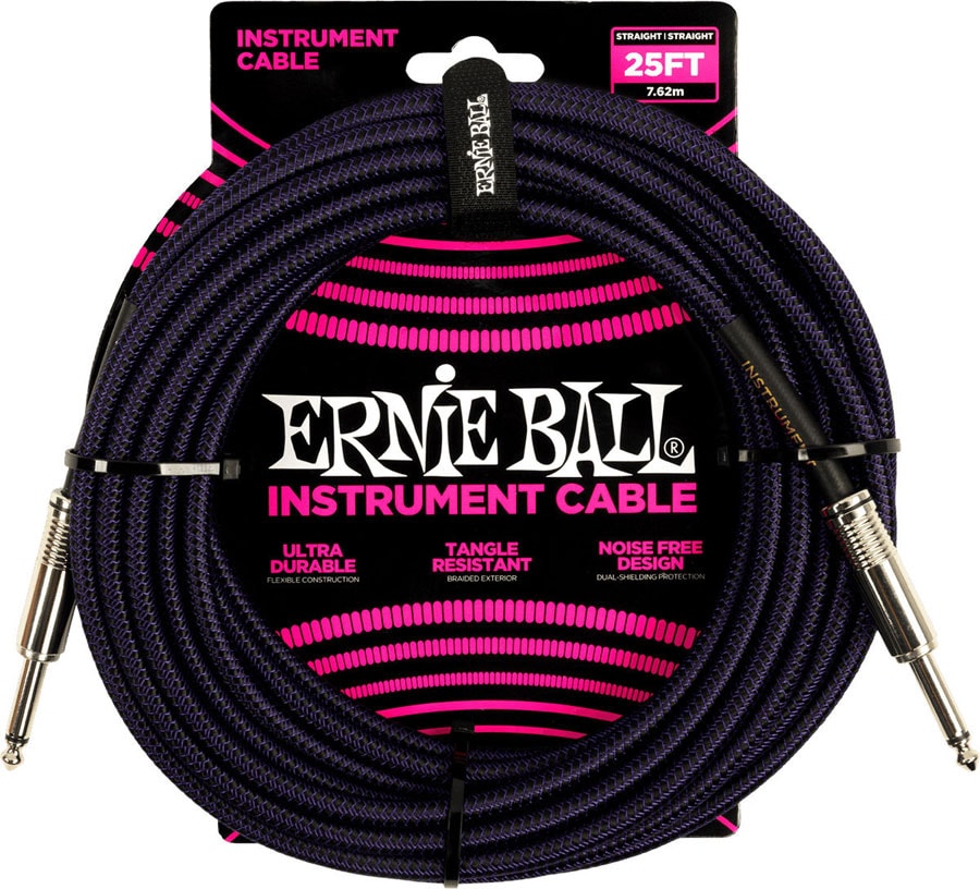 ERNIE BALL CABLE INSTRUMENT GAINE TISSEE JACK/JACK 7,62M NOIR ET VIOLET