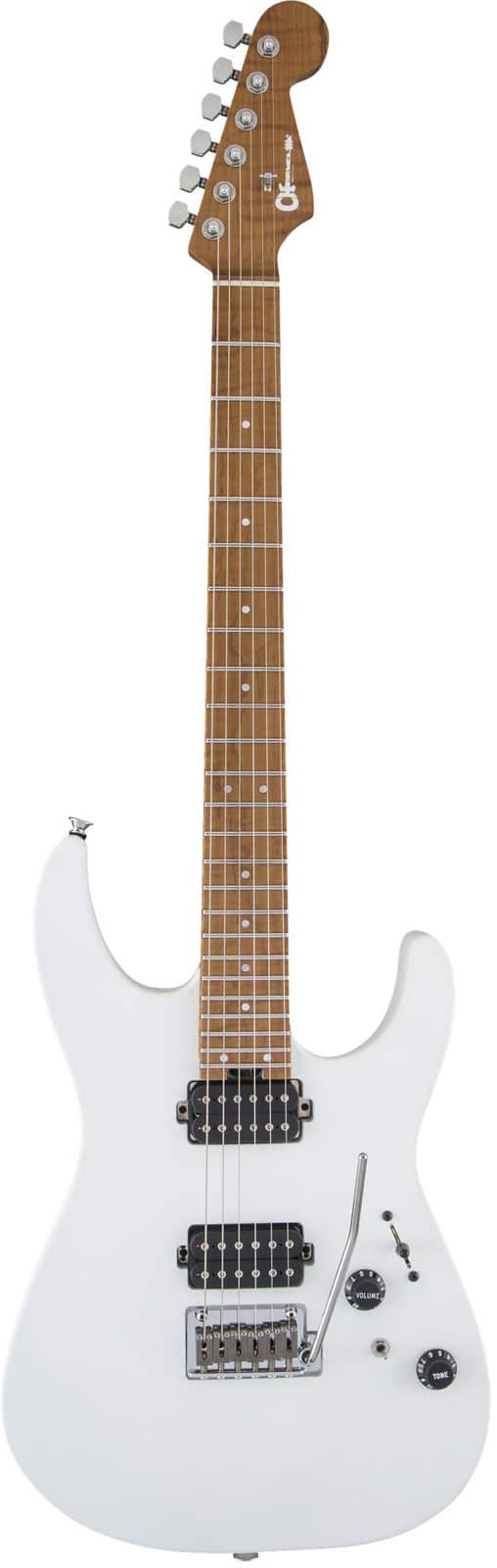 CHARVEL USA SELECT DK24 HH 2PT CM, CARAMELIZED FLAME MN, SATIN WHITE